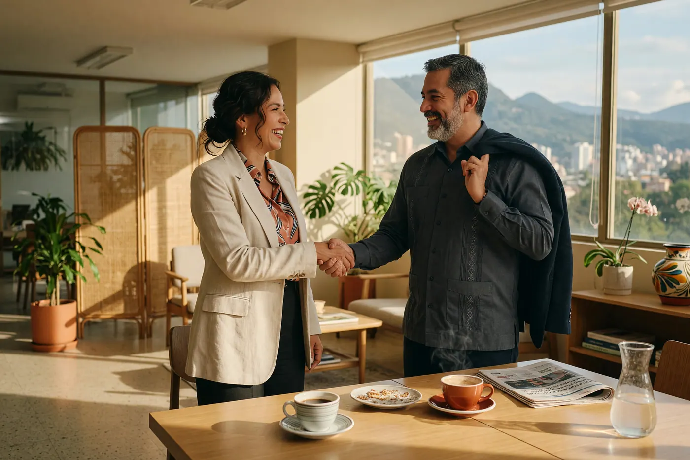 Two professionals shaking hands across a coffee table in a sunlit office lounge in Colombia