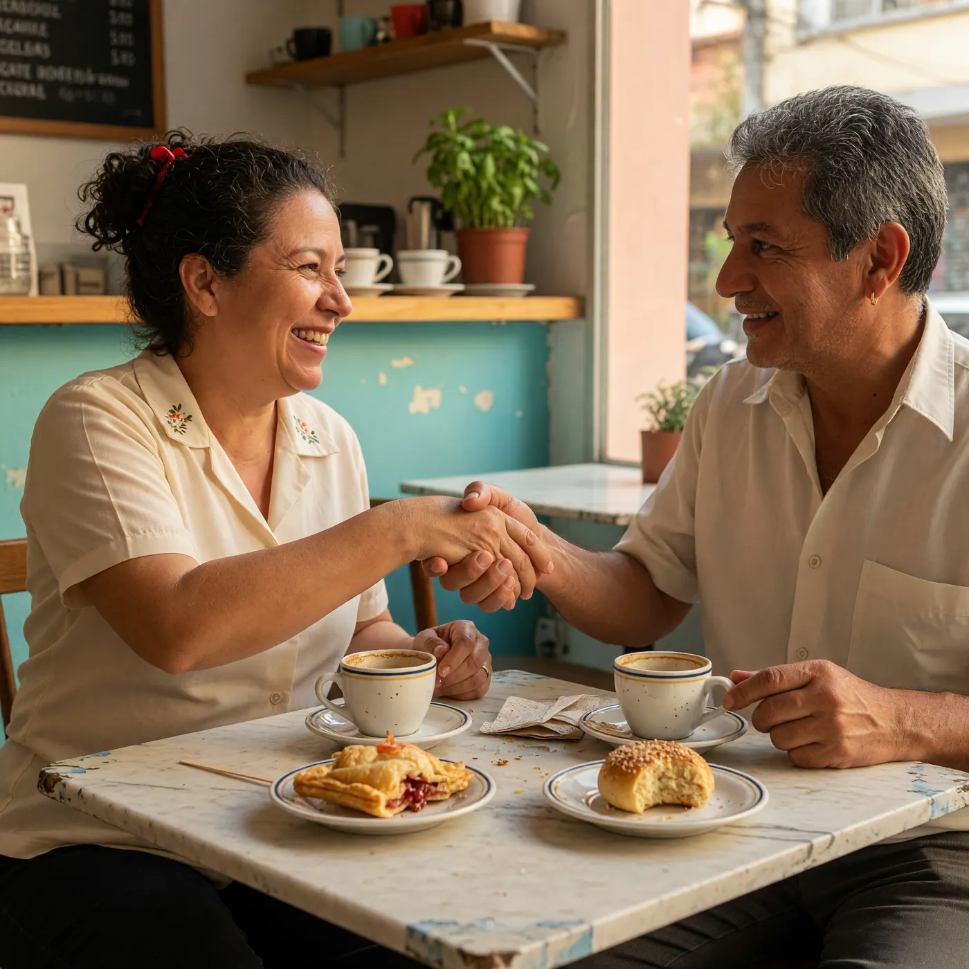 Two people greeting over coffee cups and pastry plates in a sunlit neighborhood cafe