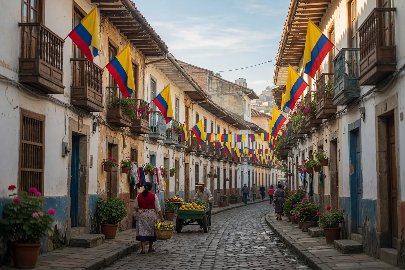 Colonial street in Bogota decorated with Colombian flags hanging from balconies under a blue sky.