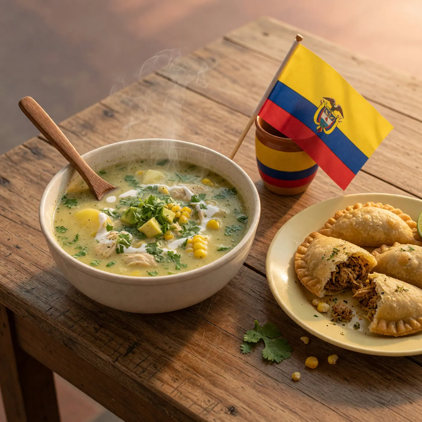 A bowl of Colombian Ajiaco soup and empanadas on a rustic table with a small Colombian flag.