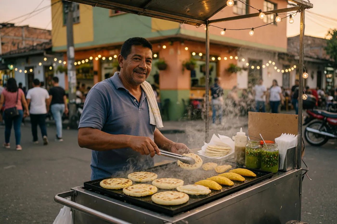 Street cart vendor grilling arepas and empanadas beside jars of green ají