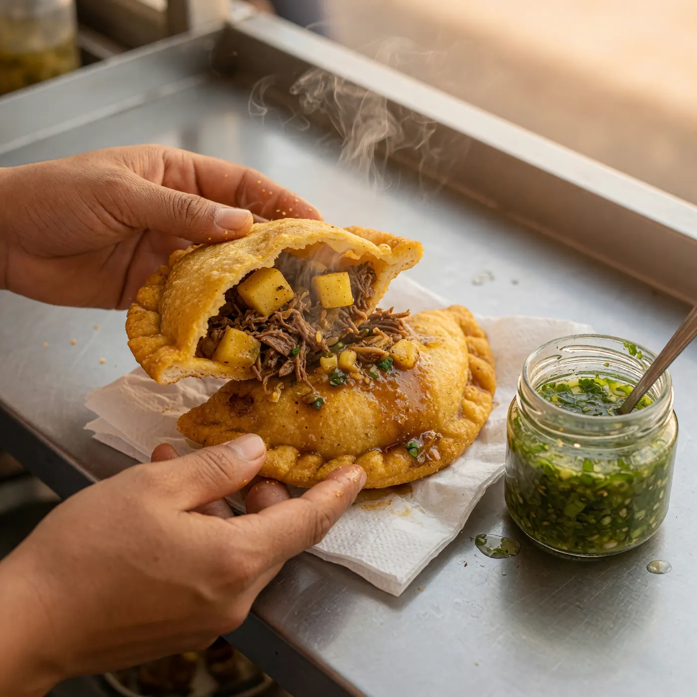 Fried corn empanada split open with shredded beef and potato filling beside green ají sauce