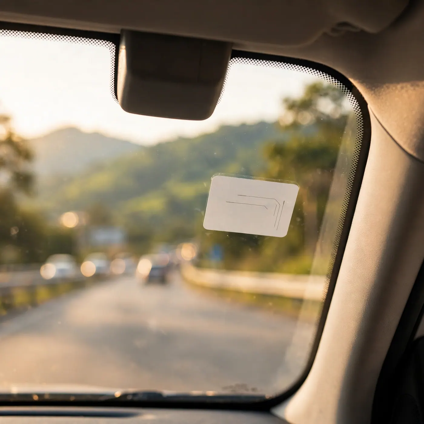Inside of a car windshield behind the rear-view mirror with a small adhesive toll tag stuck horizontally on the glass