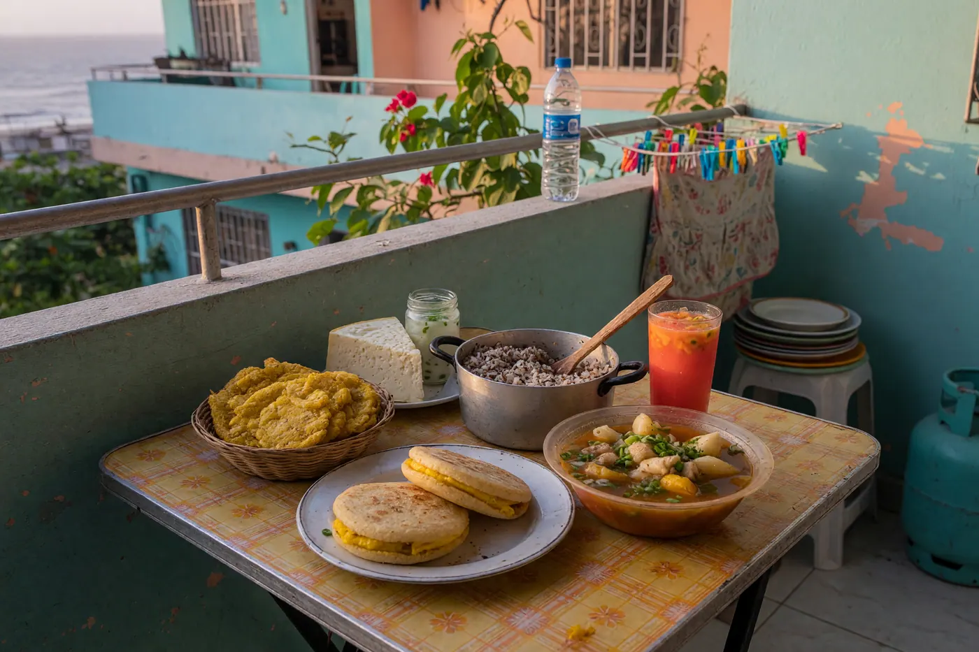 Mesa de comida caribeña con arepa de huevo, sancocho de pescado, arroz con coco, patacones, queso costeño con suero y un jugo de fruta tropical