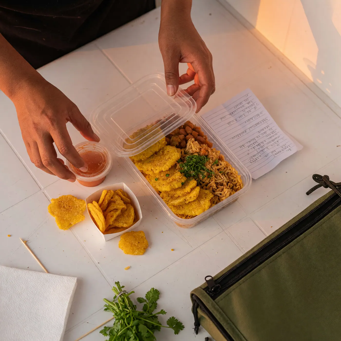 Manos empacando un pedido de comida costeña en un recipiente transparente con un vasito de salsa y una porción de fritos, con una nota de pedido escrita a mano al lado