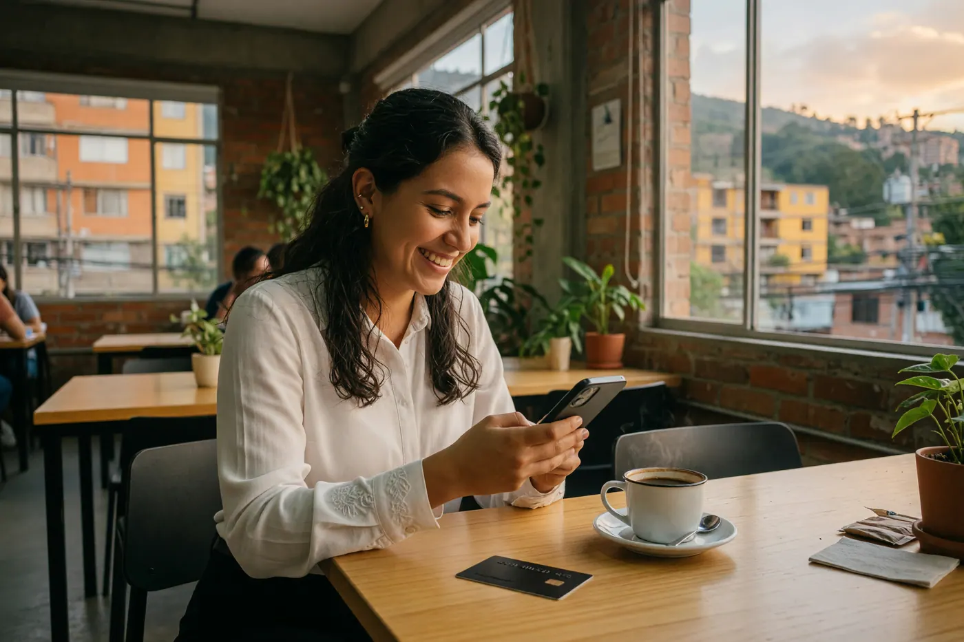 Joven colombiana sonríe mientras usa la app bancaria en un coworking moderno con tarjeta de débito y café tinto sobre la mesa