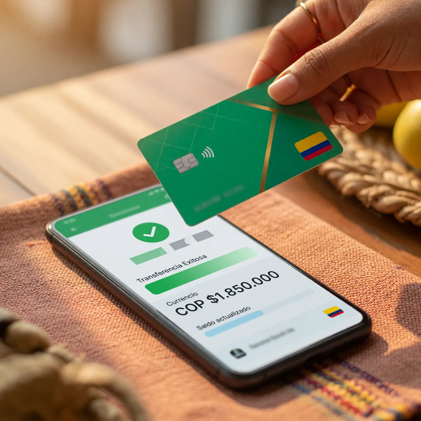 Mano sosteniendo una tarjeta de débito minimalista sobre un celular que muestra una transferencia bancaria exitosa en una aplicación móvil.