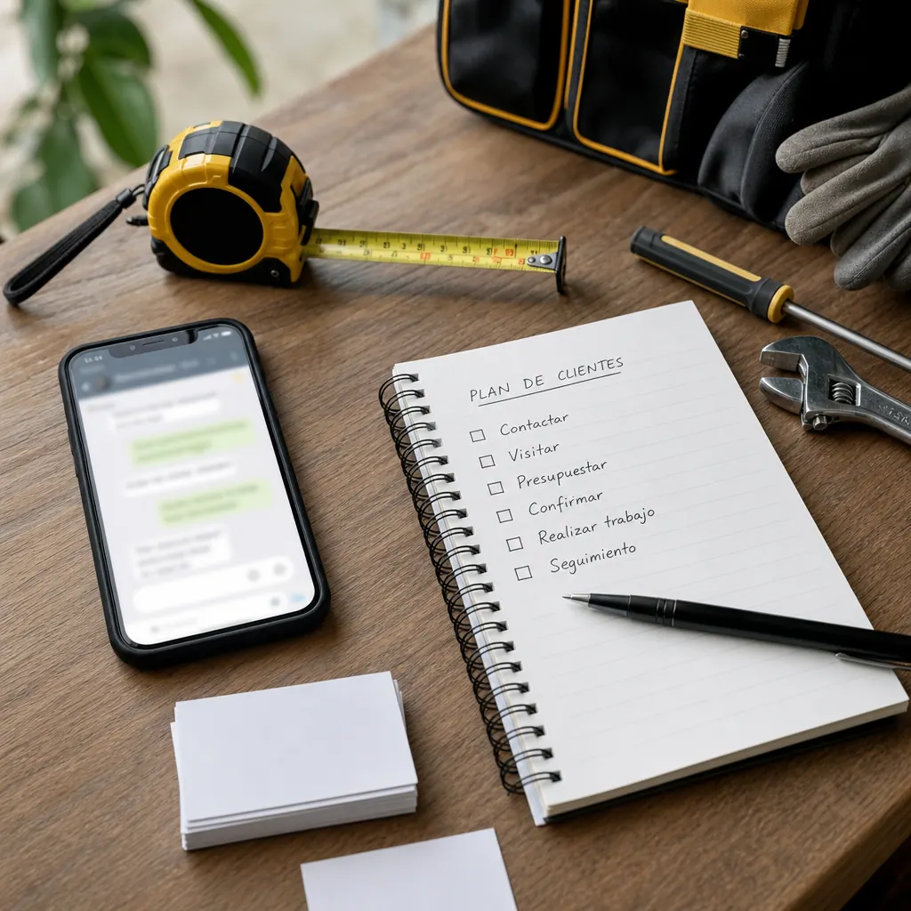 Mesa con celular, herramientas y checklist para conseguir clientes de servicios