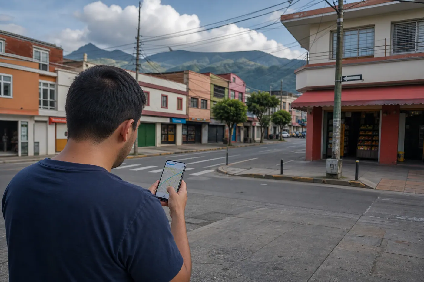 Persona verificando un lugar de una zona urbana colombiana con un mapa abierto en el celular