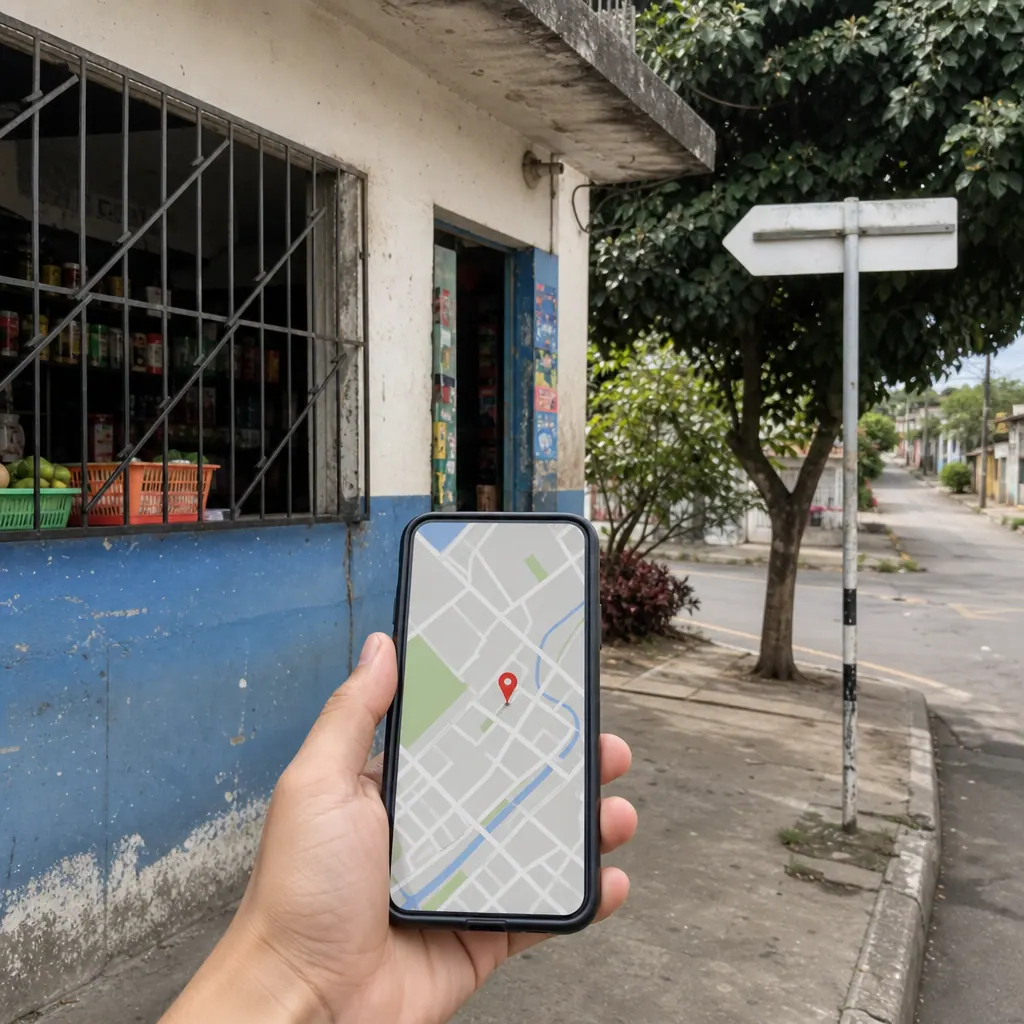 Mano con un mapa abierto en el celular mientras verifica información visible en una calle colombiana