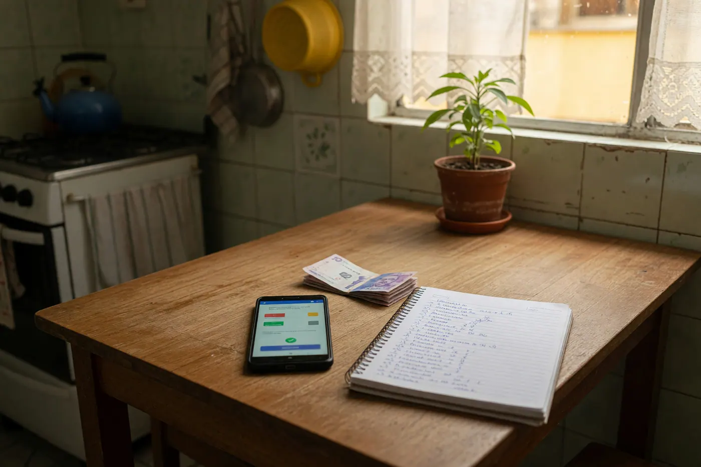 Mesa de cocina con un celular mostrando una confirmación de transferencia, billetes colombianos y una libreta de apuntes