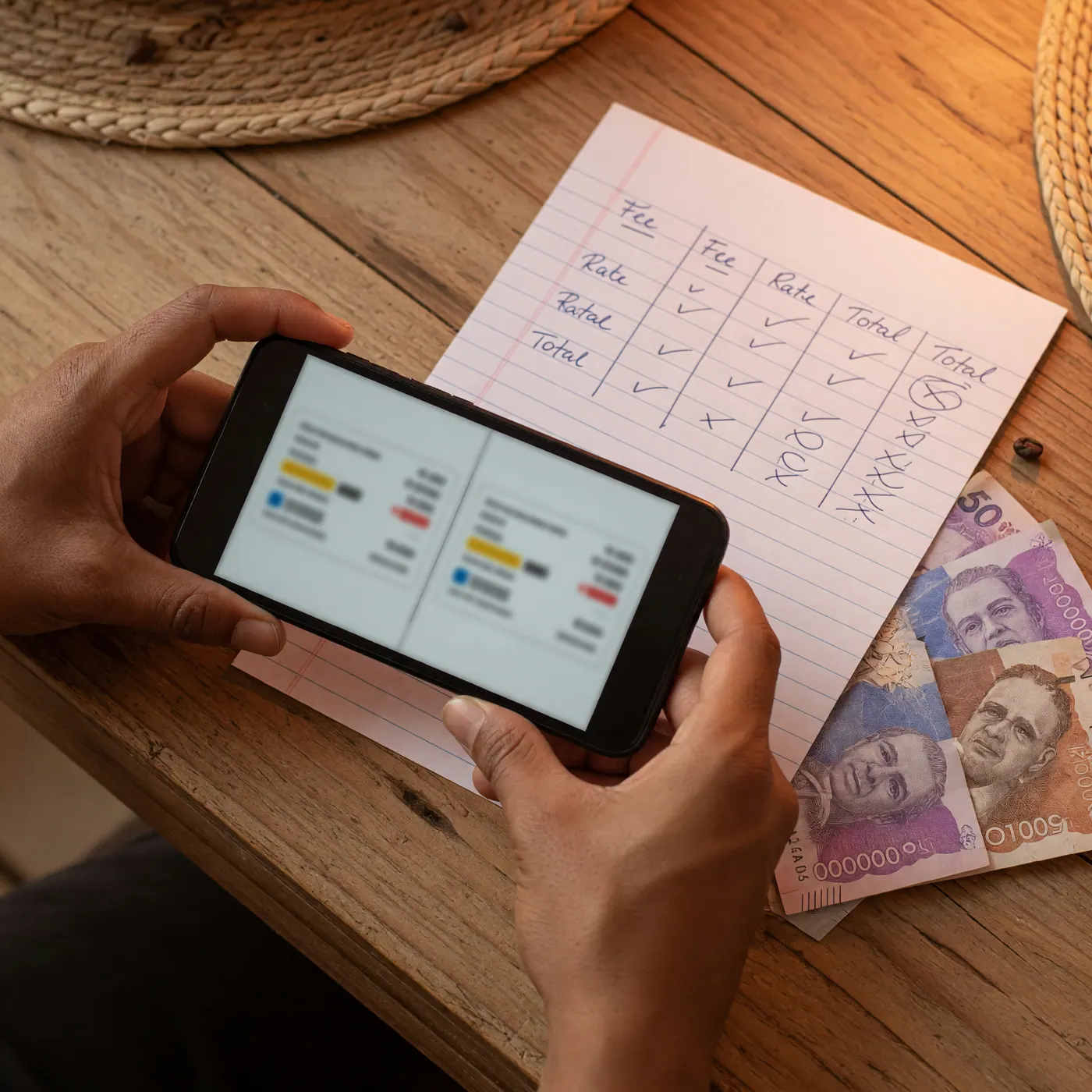 Manos sosteniendo un celular comparando tasas de cambio junto a billetes colombianos y una libreta de apuntes