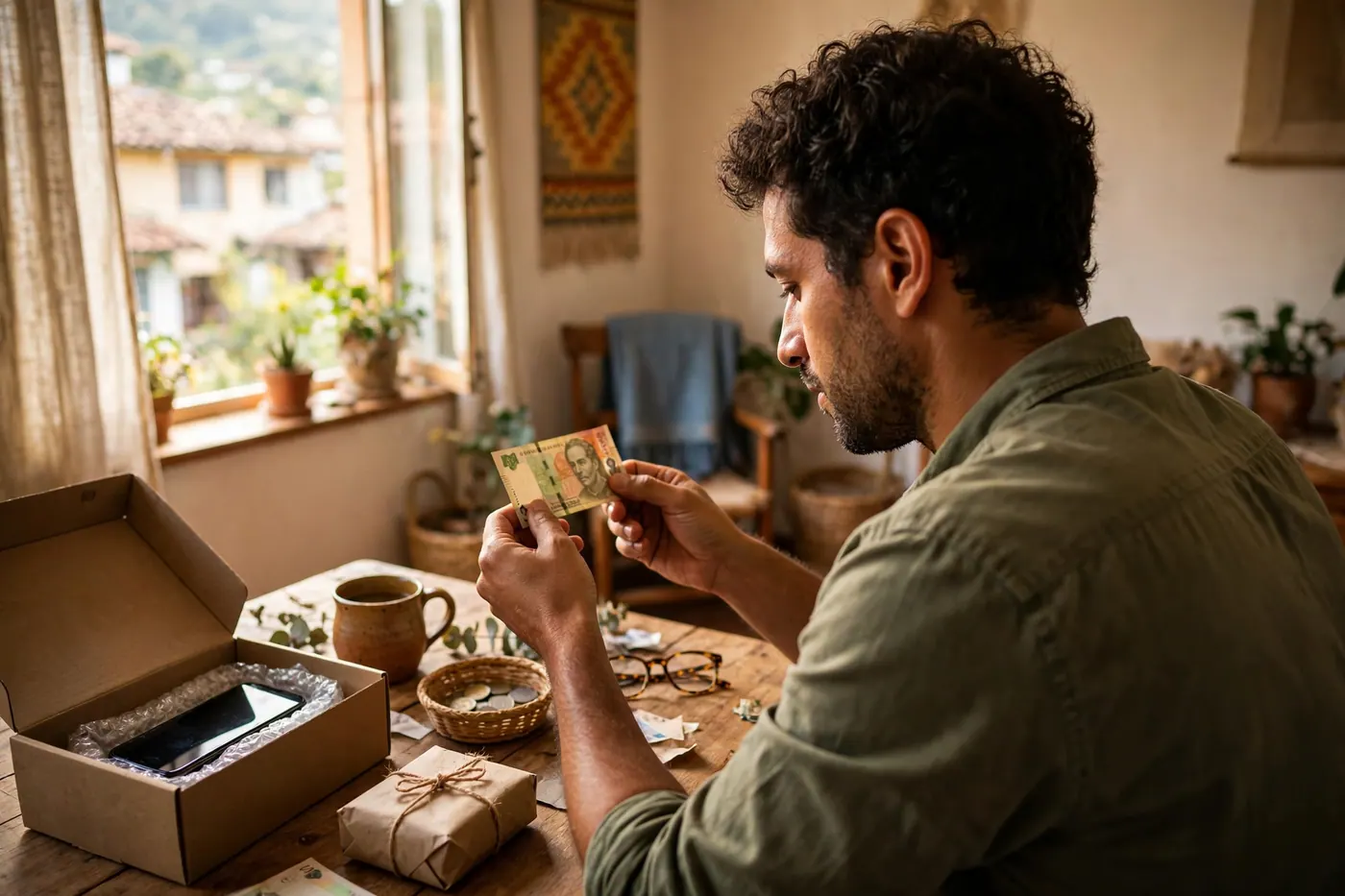Hombre de perfil en una sala colombiana iluminada revisando un billete junto a una caja con un celular empaquetado