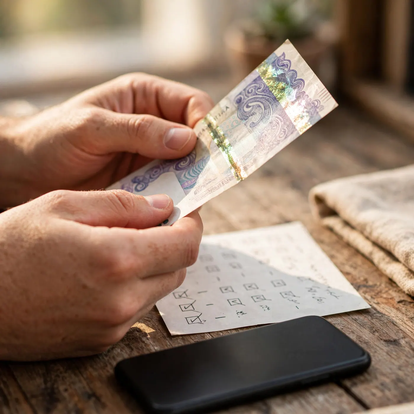 Manos inclinando un billete colombiano junto a un celular y una lista sobre un escritorio de madera