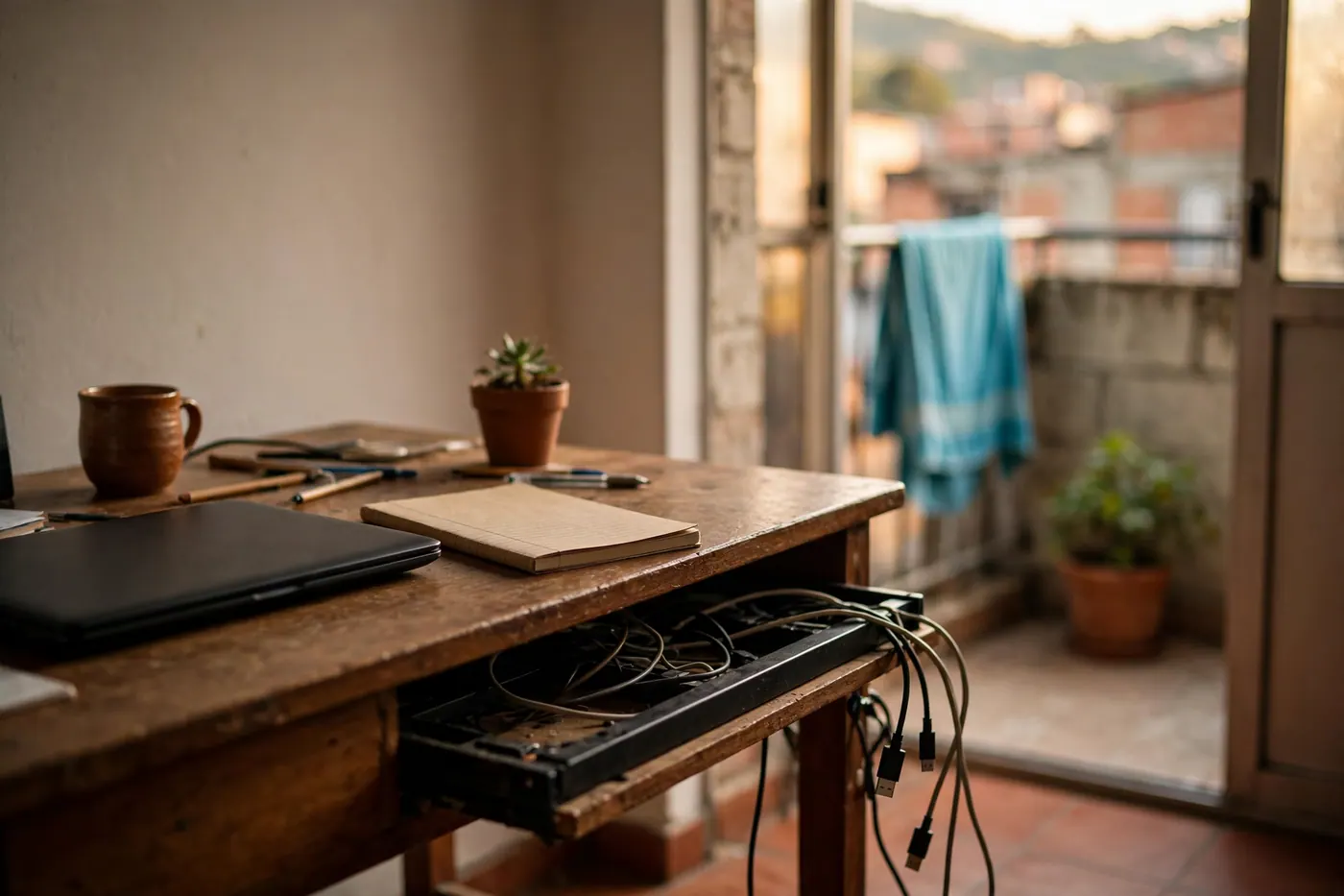Escritorio de apartamento con portátil cerrado, cuaderno y bandeja negra bajo el tablero recogiendo cables, con luz de tarde