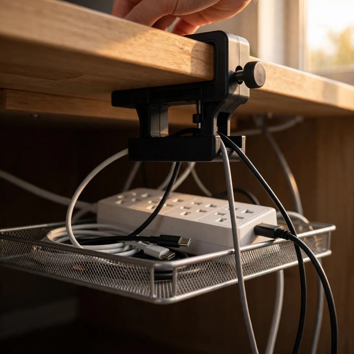 Abrazadera sin taladro sujetando una bandeja bajo el borde del escritorio con cables de carga y una regleta ventilada