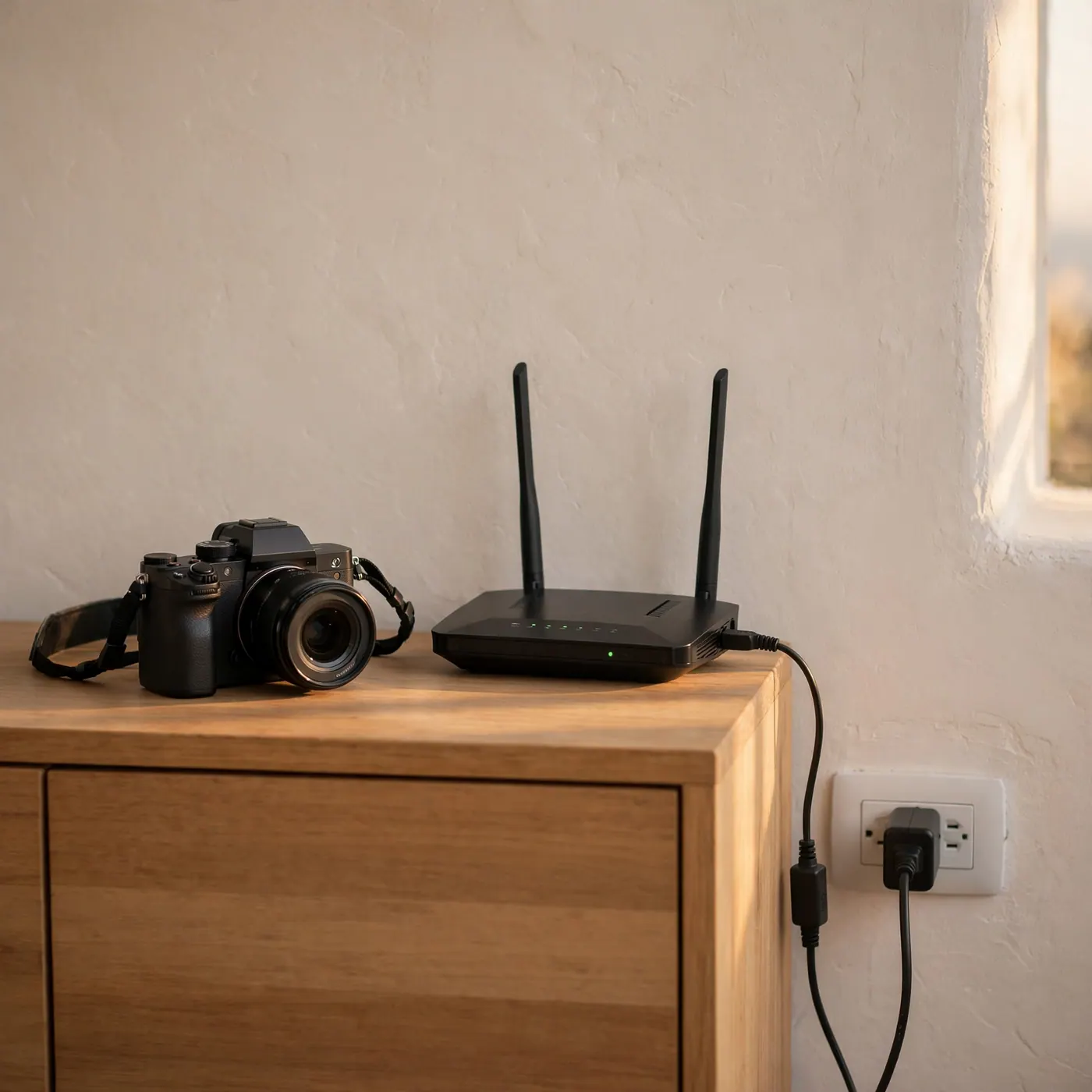 Cámara pequeña junto a un tomacorriente de pared y un router sobre un mueble sencillo