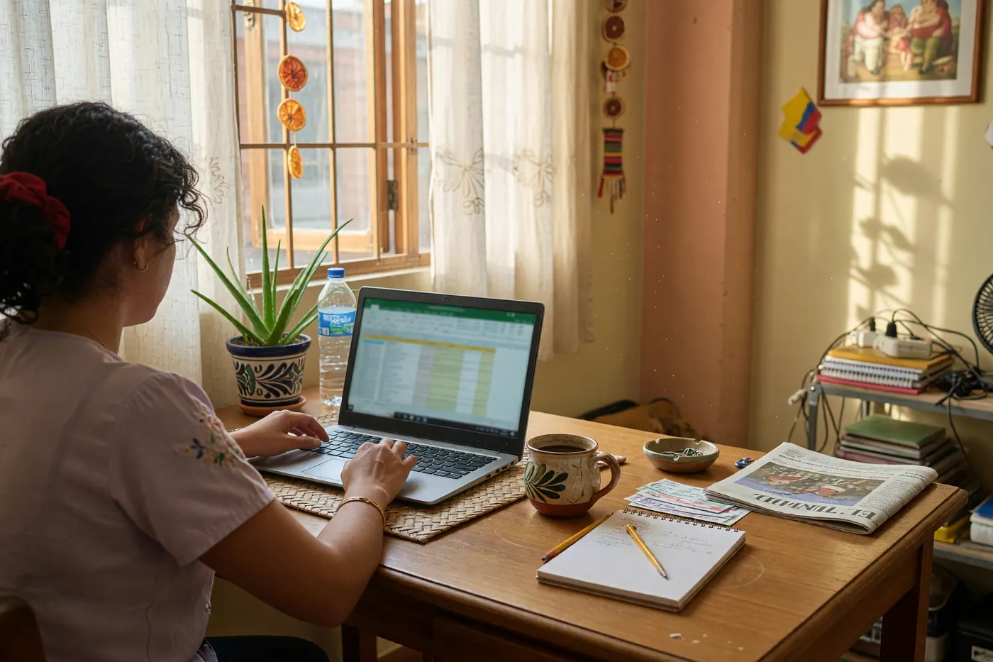 Profesional independiente revisando cálculos financieros y la planilla PILA en su laptop en un apartamento colombiano