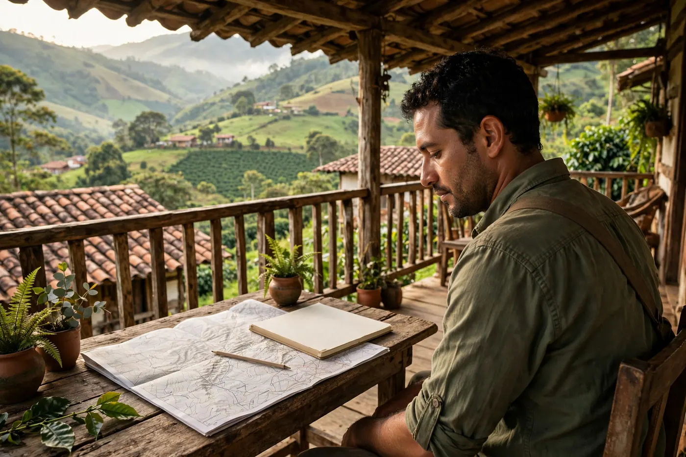Hombre sentado en un porche de madera rural colombiano revisando un mapa y un cuaderno, con colinas verdes y techos de teja al fondo