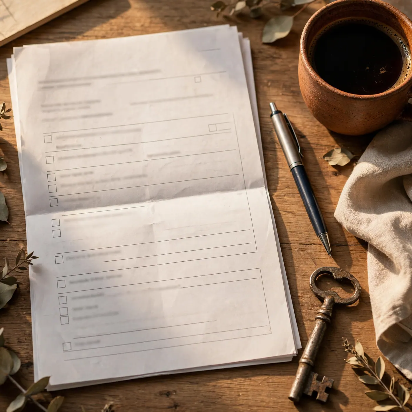 Documento impreso, bolígrafo, llave antigua y taza de café sobre un escritorio de madera