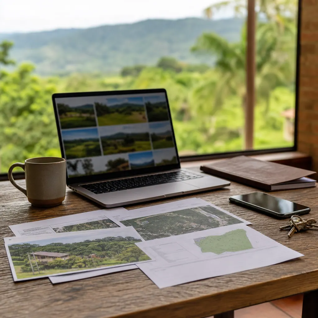 Mesa con documentos y fotos para preparar un anuncio de finca en venta