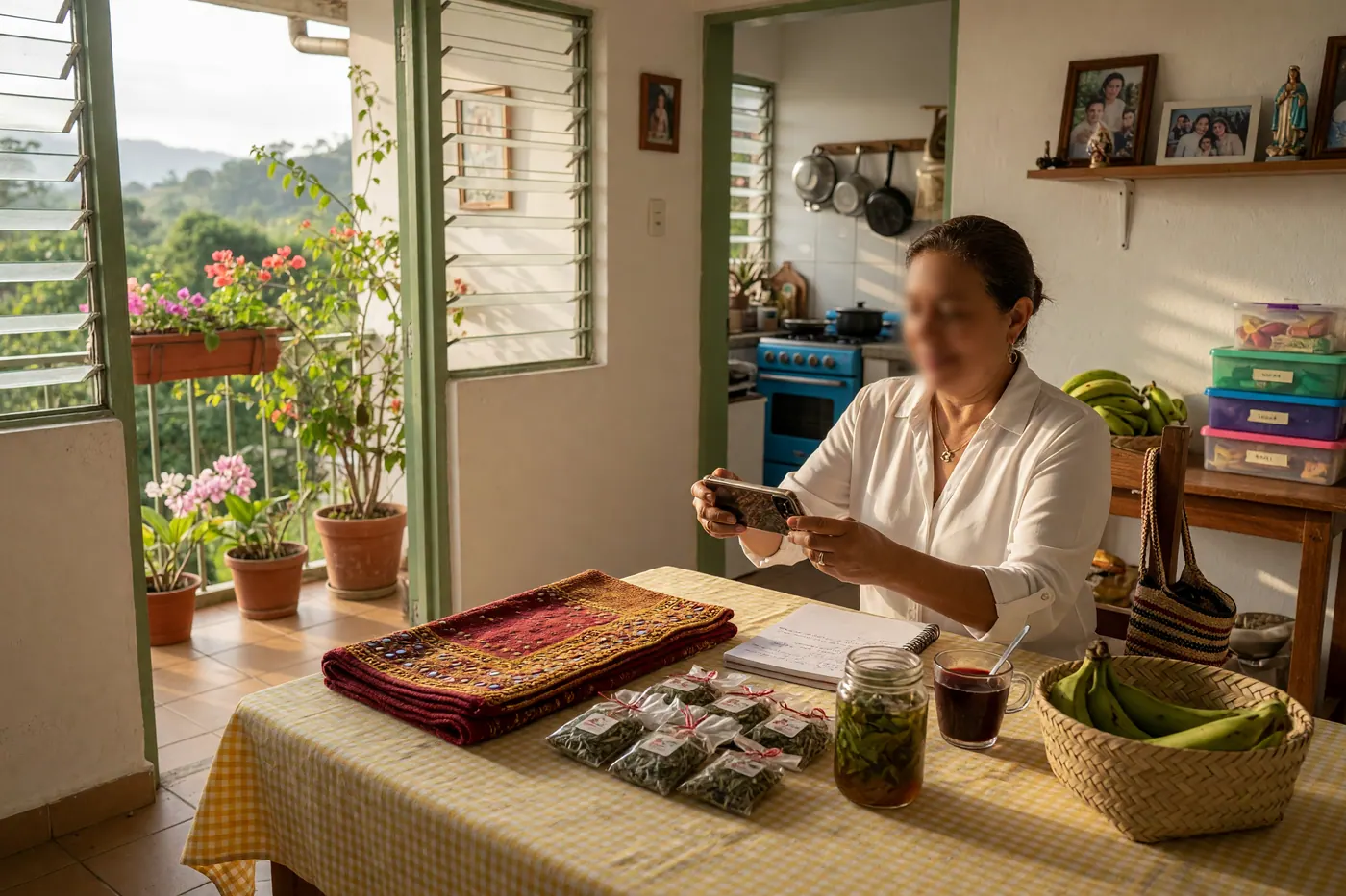 Propietario colombiano fotografiando su vivienda temporal en laptop desde un hogar luminoso y ordenado