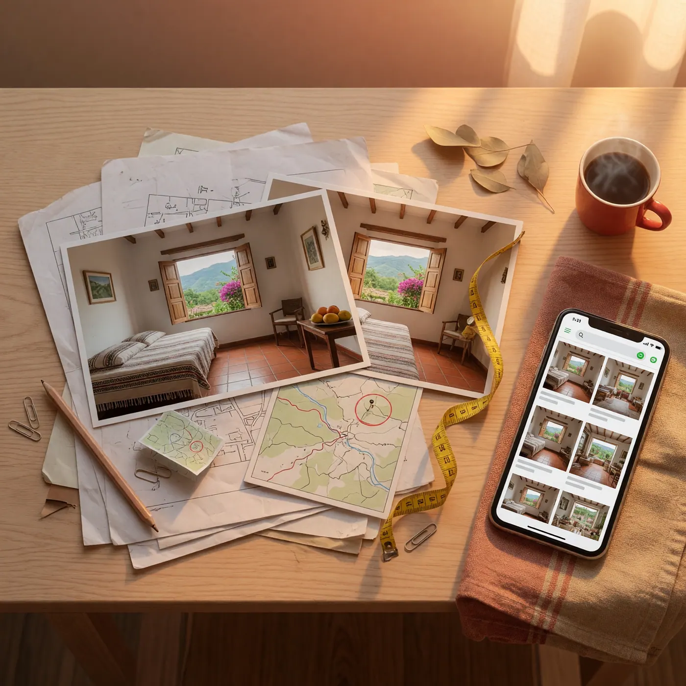 Celular con pantalla de anuncio de vivienda temporal mostrando precio, mapa y contacto WhatsApp