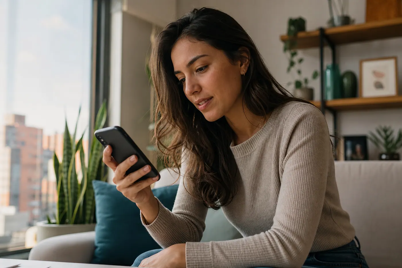 Mujer colombiana revisando el perfil de un vendedor en su smartphone antes de comprar