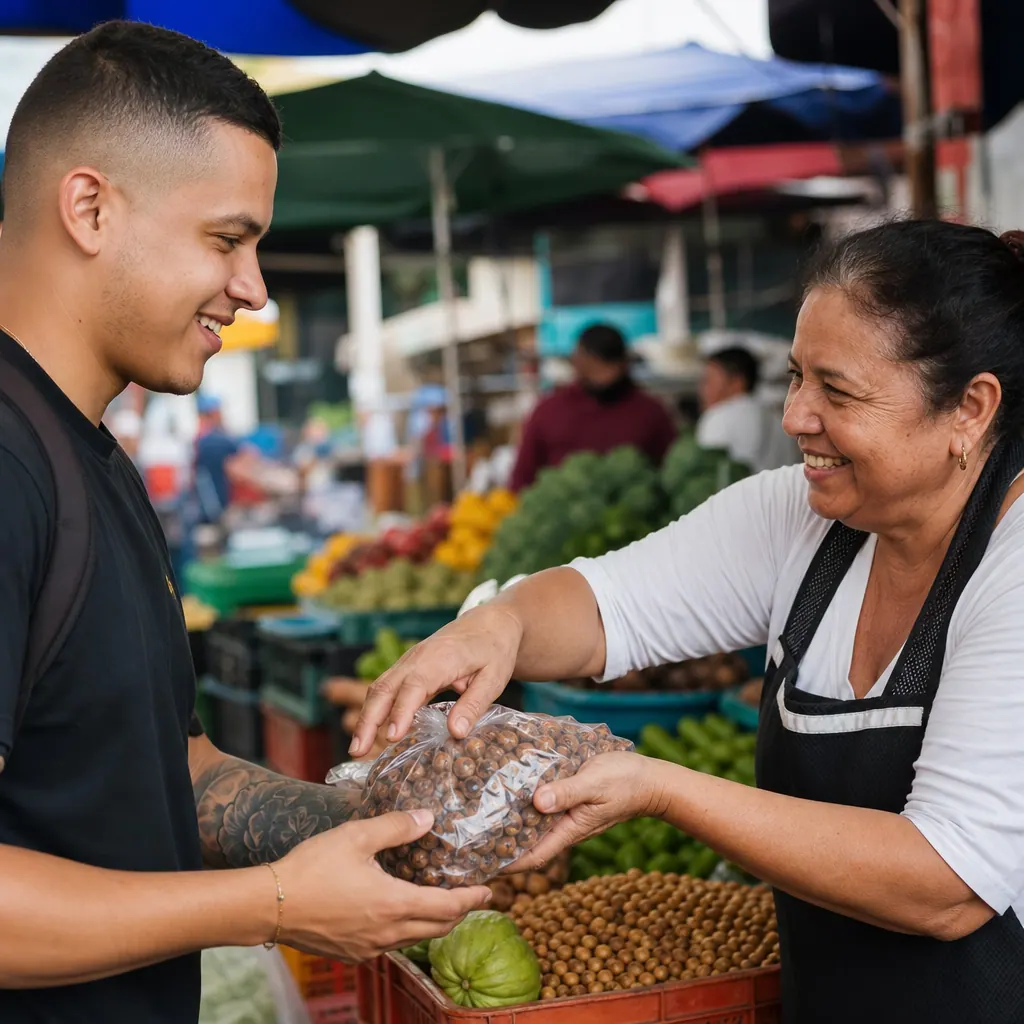 Dos personas realizando un intercambio en un mercado callejero de Medellín