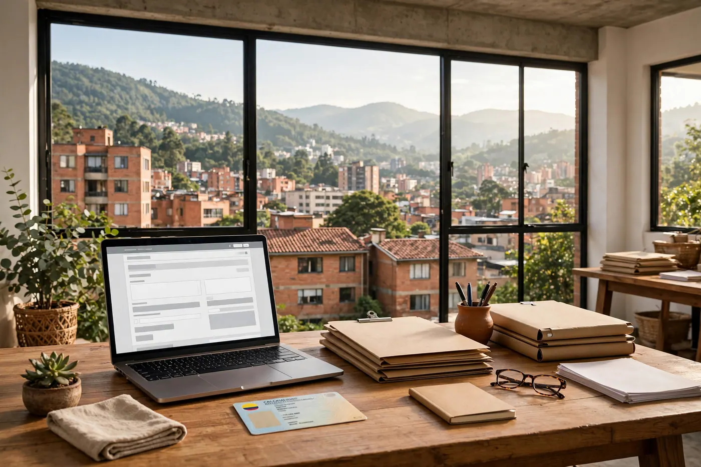 Escritorio de oficina en Bogotá con portátil, carpetas y cédula junto a ventanales con cerros y ladrillo