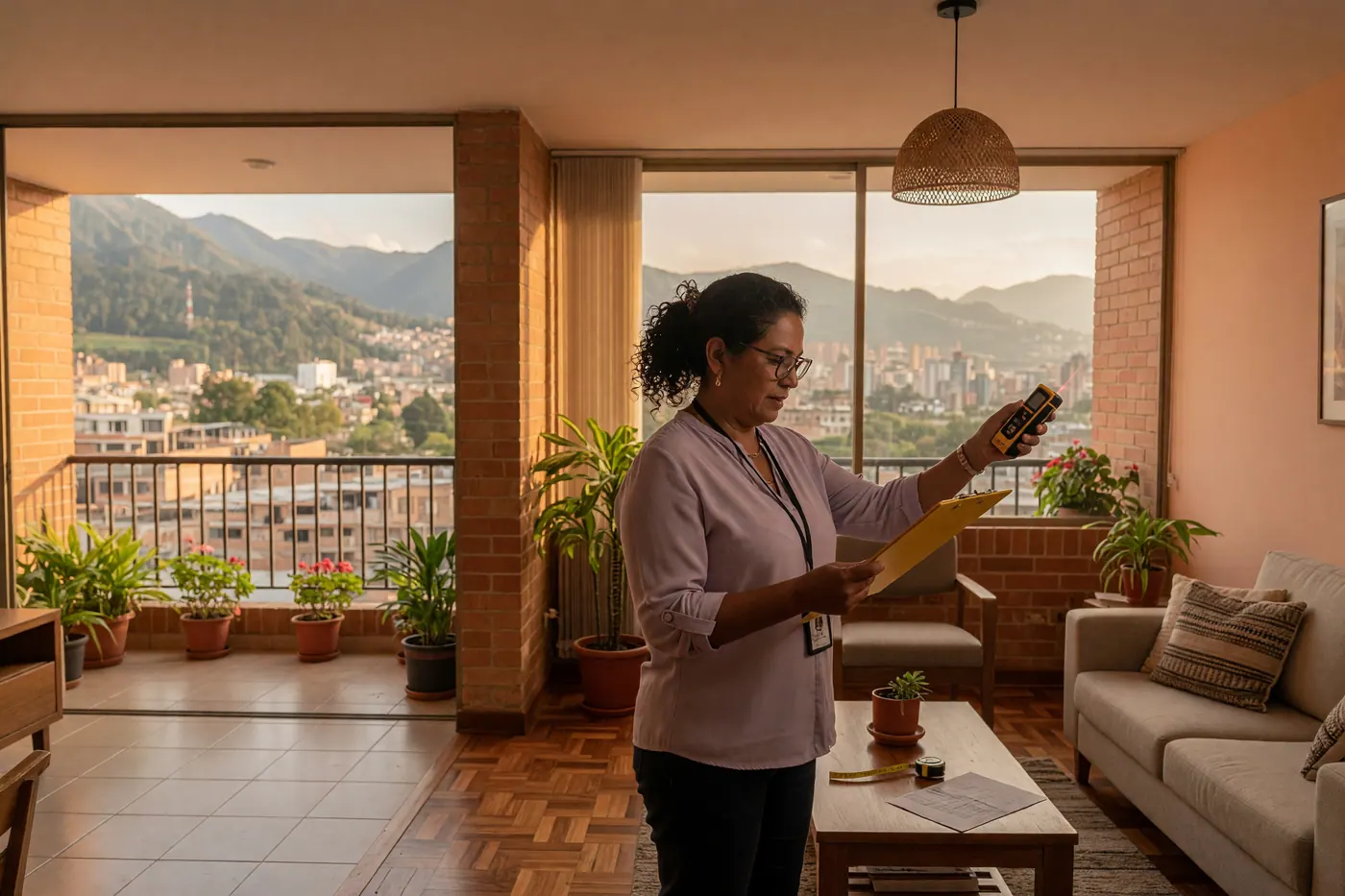 Perito avaluadora revisando medidas con distanciómetro láser en apartamento colombiano
