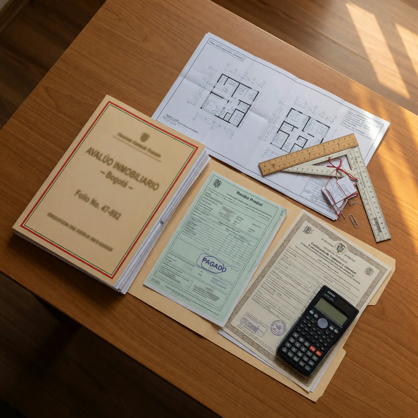 Planos, recibo predial y documentos para avalúo inmobiliario organizados sobre un escritorio