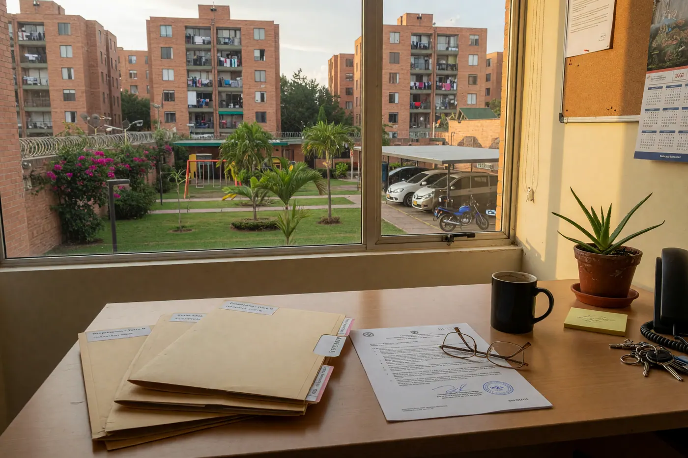 Escritorio de administración con carpetas y certificado sobre mesa, ventana a torres de ladrillo y jardín de conjunto residencial