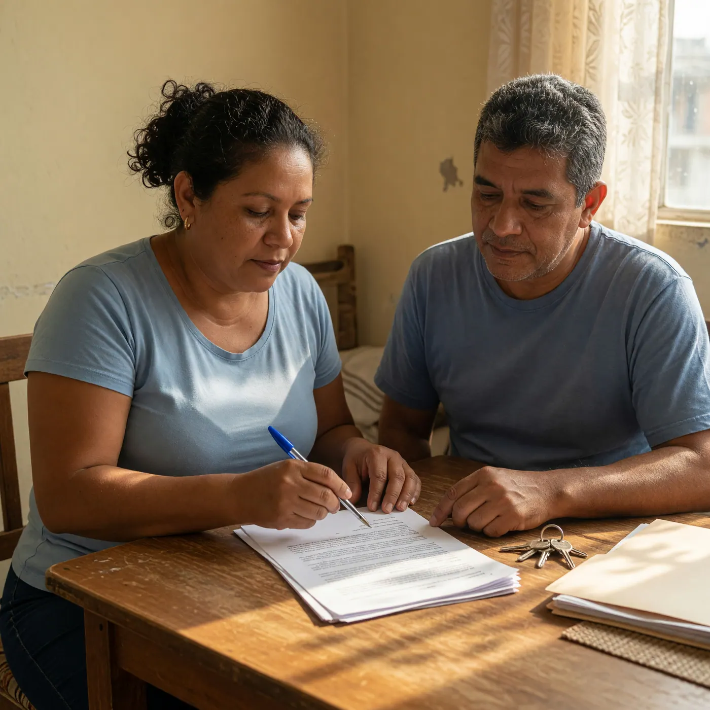 Dos adultos revisan un documento impreso y unas llaves sobre una mesa de madera