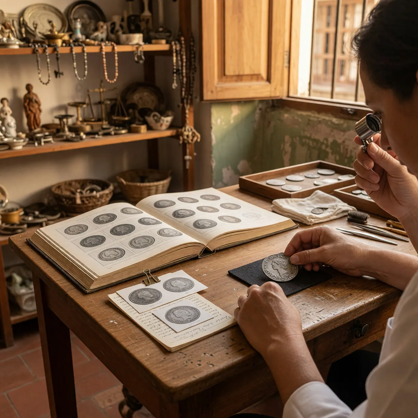 Tasador examinando una moneda de plata antigua con una lupa junto a un catálogo numismático.