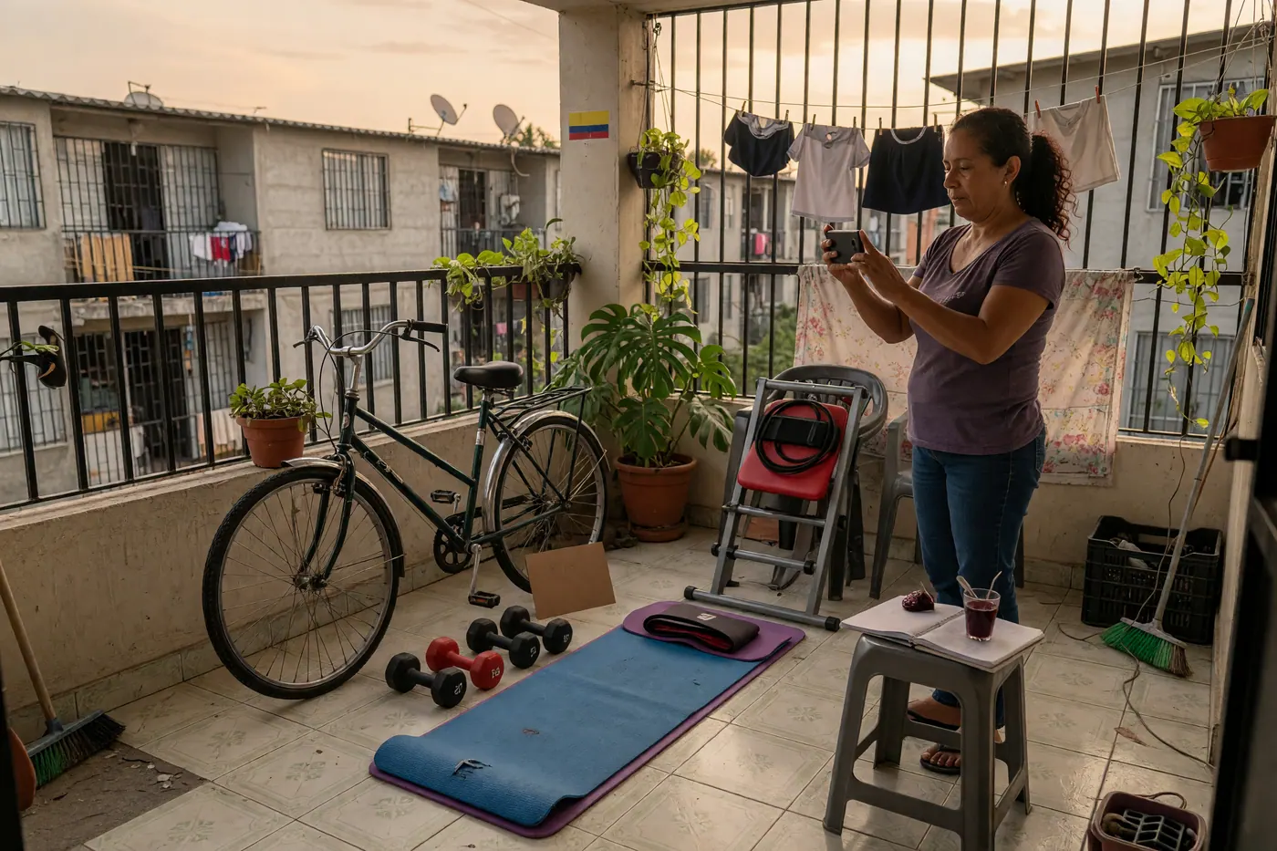 Bicicleta, pesas, tapete y máquina de ejercicio usados organizados en una sala mientras se toman fotos.