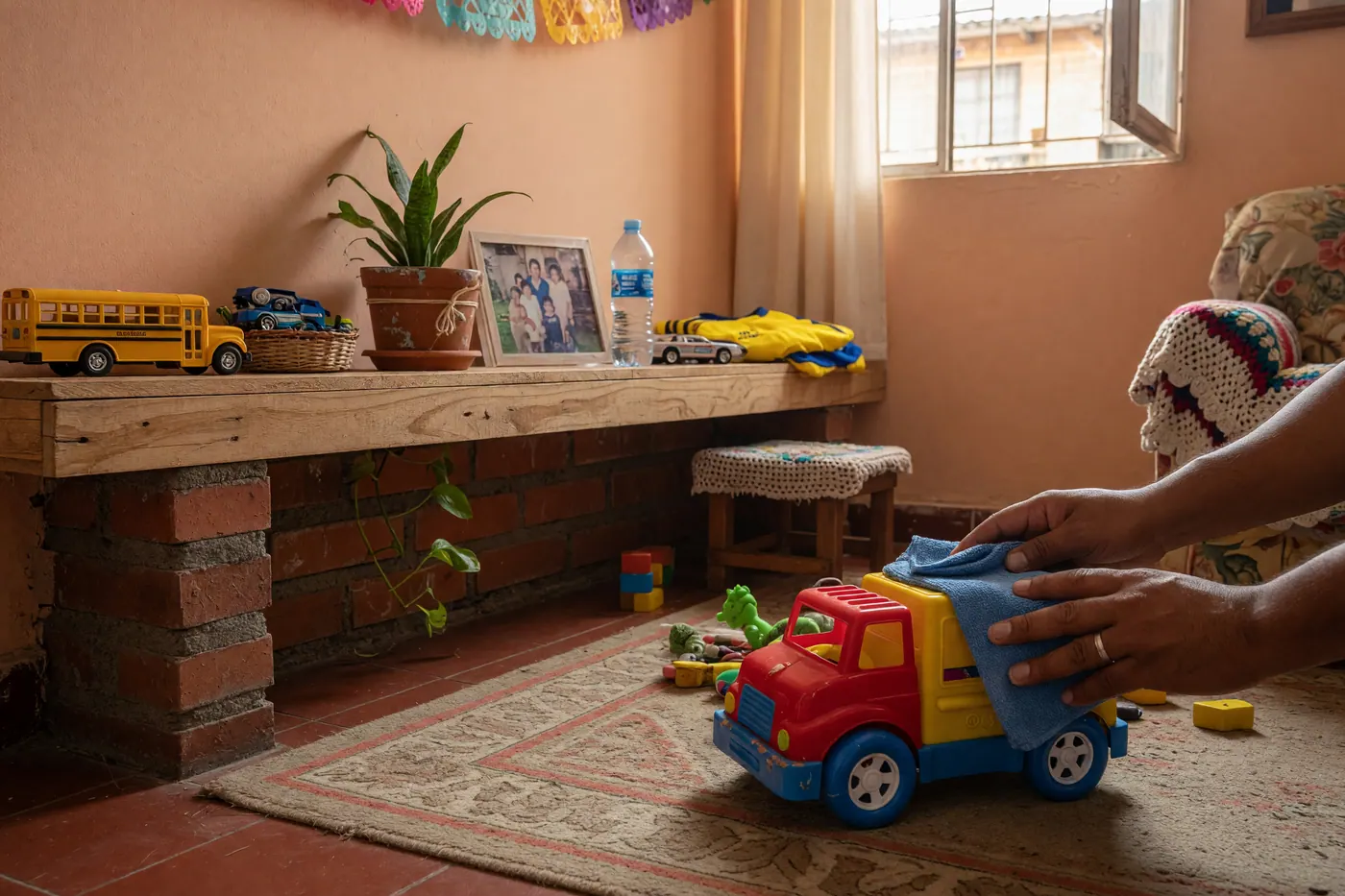 Un padre limpia un camión de juguete colorido en una sala familiar cálida y luminosa.