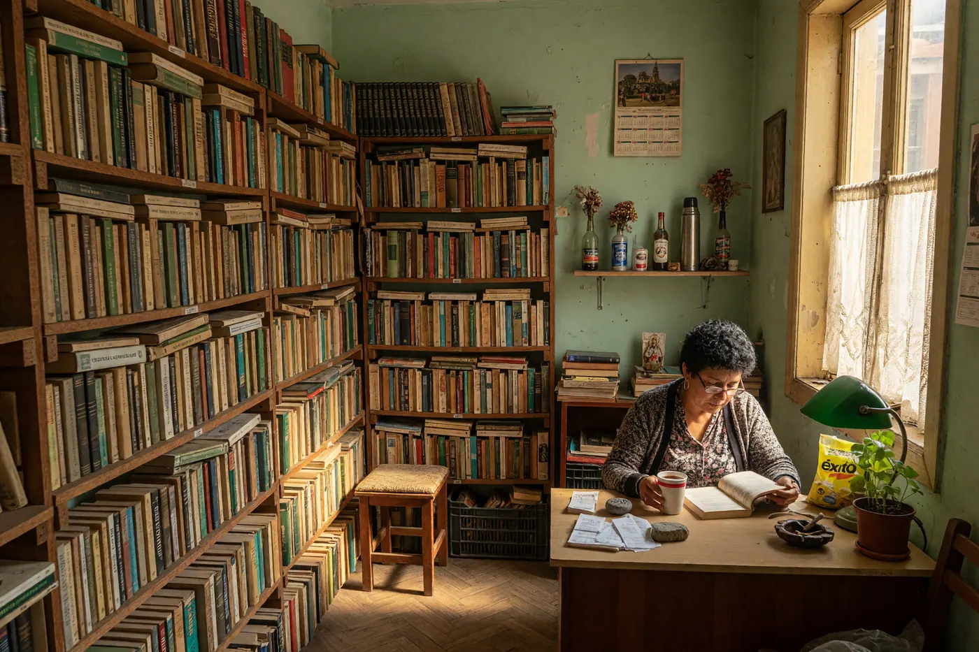 Librería de segunda acogedora con estantes de madera llenos de libros y luz cálida.