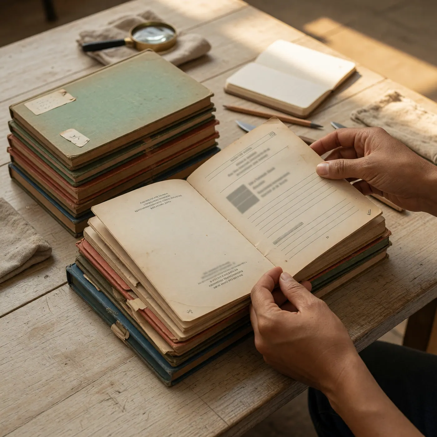 Manos sosteniendo un libro abierto sobre una mesa de madera junto a una pila de novelas.