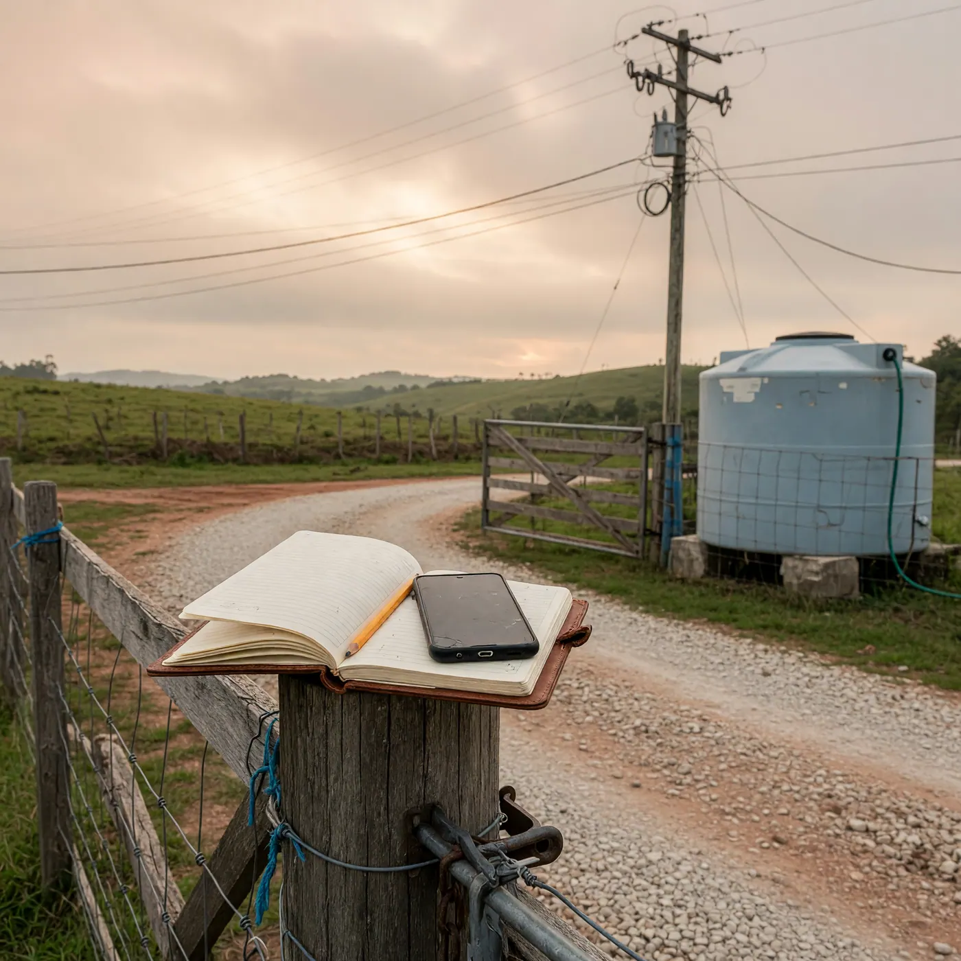 A buyer's notebook and phone resting on a wooden fence post beside a gravel rural access road, with a utility pole, a blue water tank, a gate, and green hills behind under an overcast sky.
