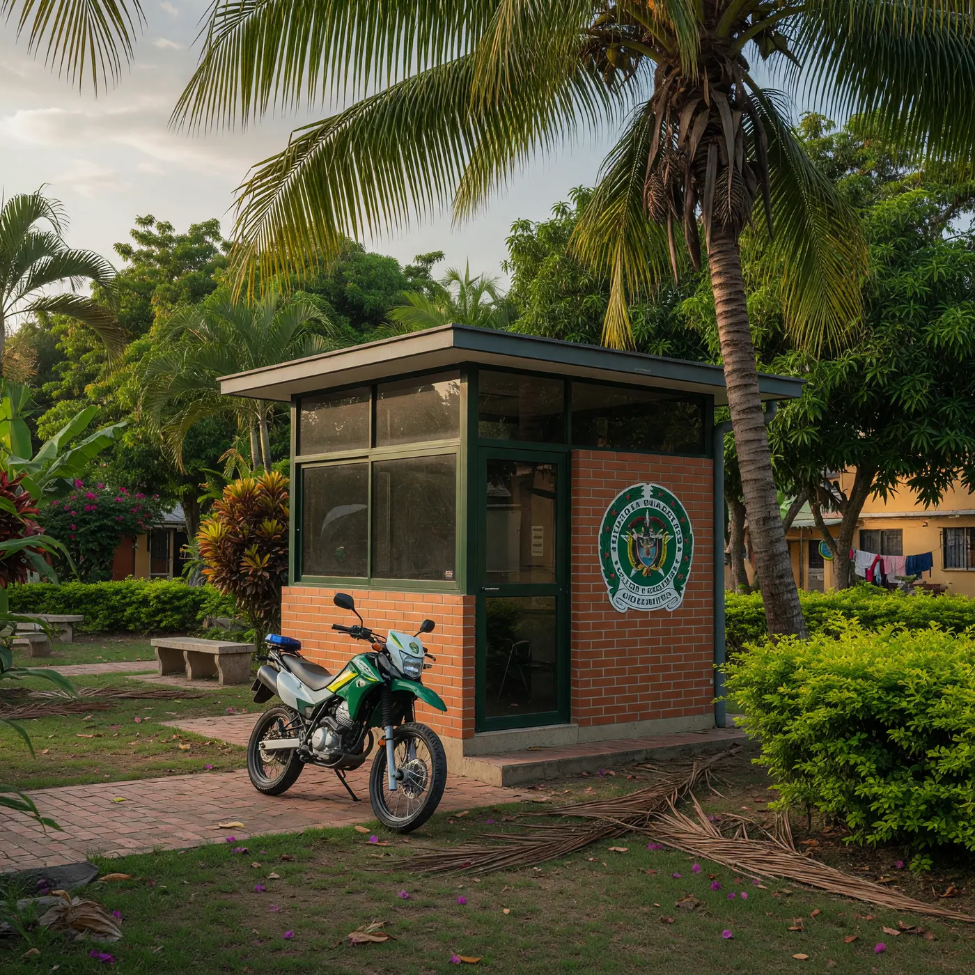 A small green-and-white CAI police station in a public park with a police motorcycle parked outside.