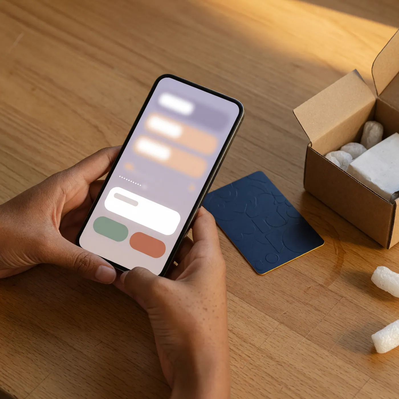 Persona en Colombia revisando en el celular el precio final de un producto de Estados Unidos junto a una caja de envío