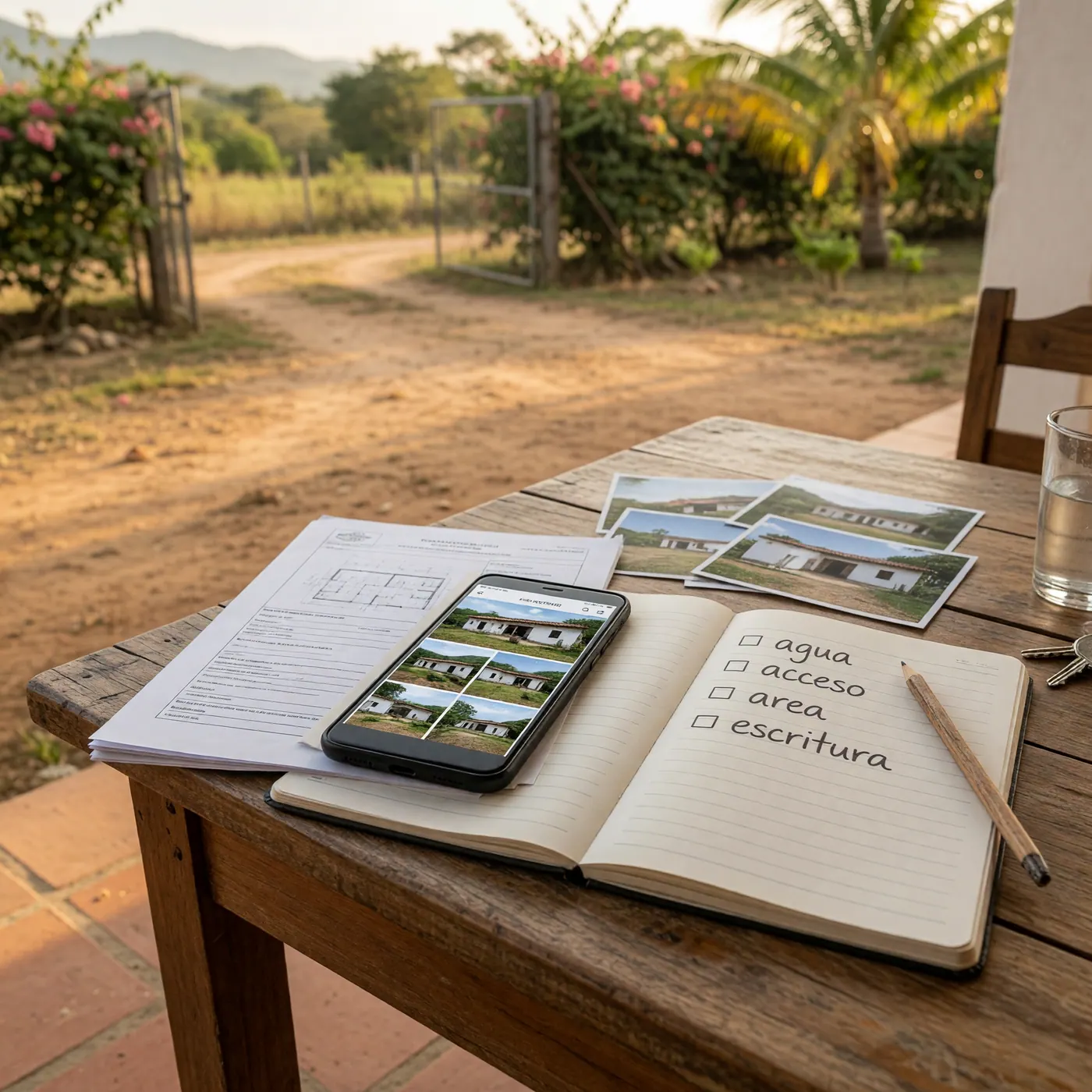 Documentos impresos, un celular con fotos de la propiedad y un cuaderno con una lista (agua, acceso, área, escritura) sobre una mesa de madera en un patio rural.