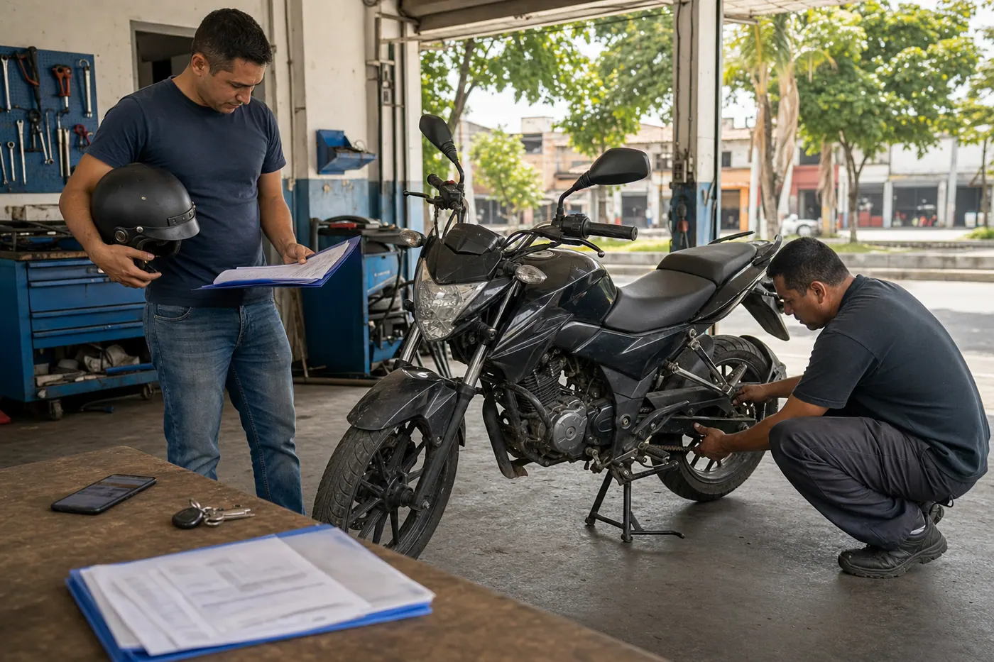 Comprador y mecánico independiente revisan una moto usada y sus documentos antes de la compra en Colombia