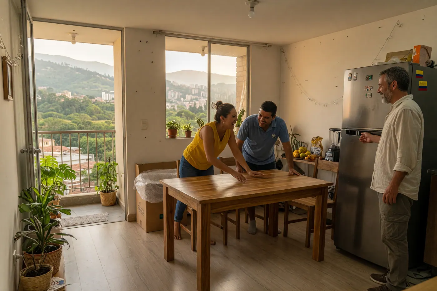 Compradores colombianos inspeccionando muebles de madera en un apartamento iluminado de Medellín