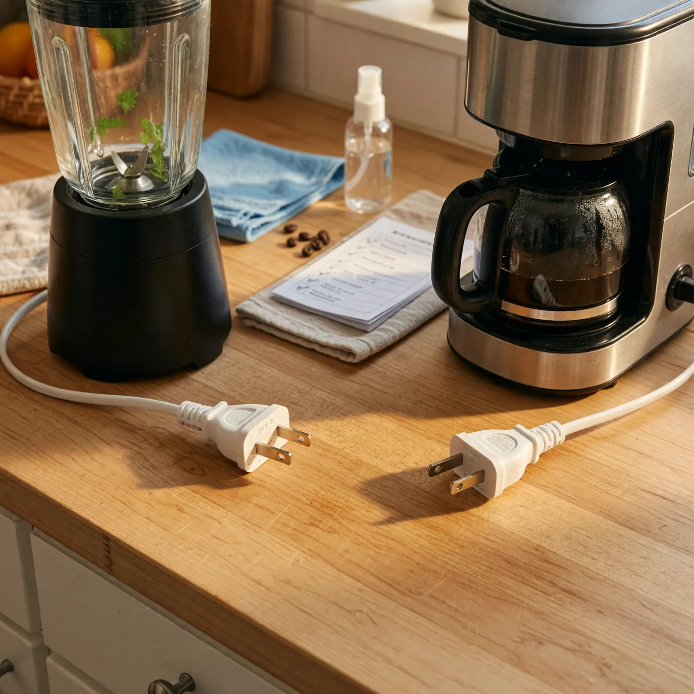 Electrodomésticos de cocina con enchufes estándar de dos clavijas sobre una encimera de madera