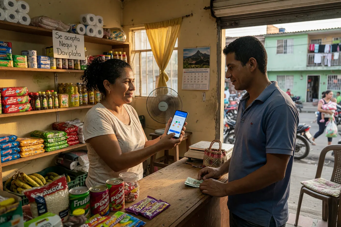Vendedora y comprador verificando un pago con celular en una tienda de barrio colombiana