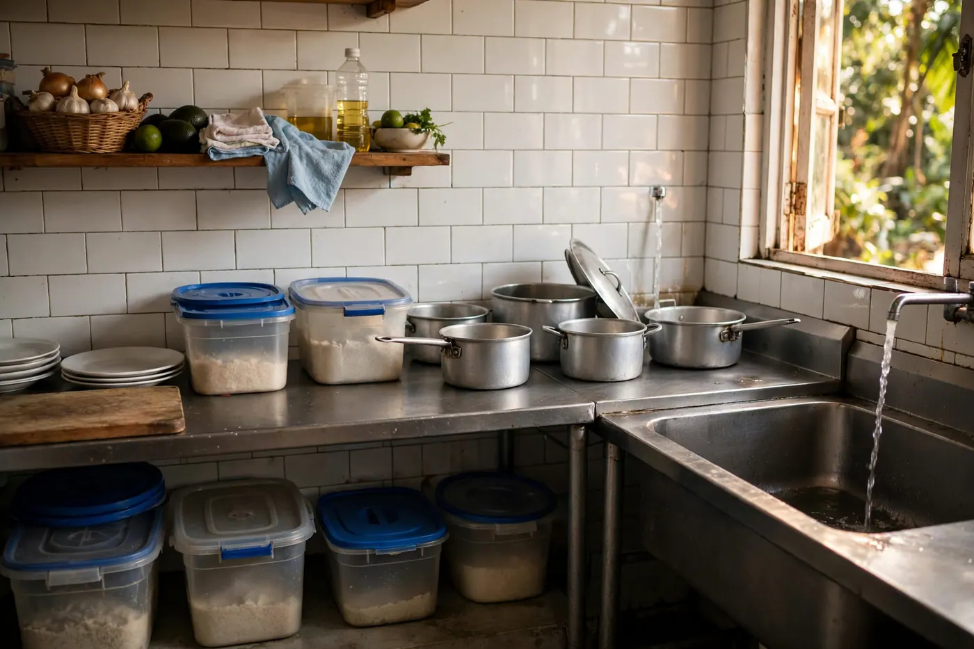 Cocina de restaurante pequeña con mesa de acero, pared de azulejo blanco, canecas con tapa y lavaplatos profundo