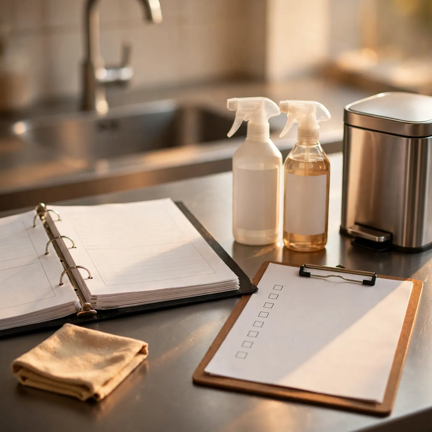 Carpeta con formatos en blanco, botellas de limpieza con etiquetas en blanco, caneca cerrada y tablilla con casillas vacías