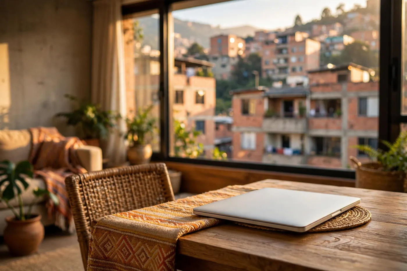 Sala luminosa de un apartamento en una ciudad colombiana con un portátil cerrado frente a la ventana, sin texto ni logos